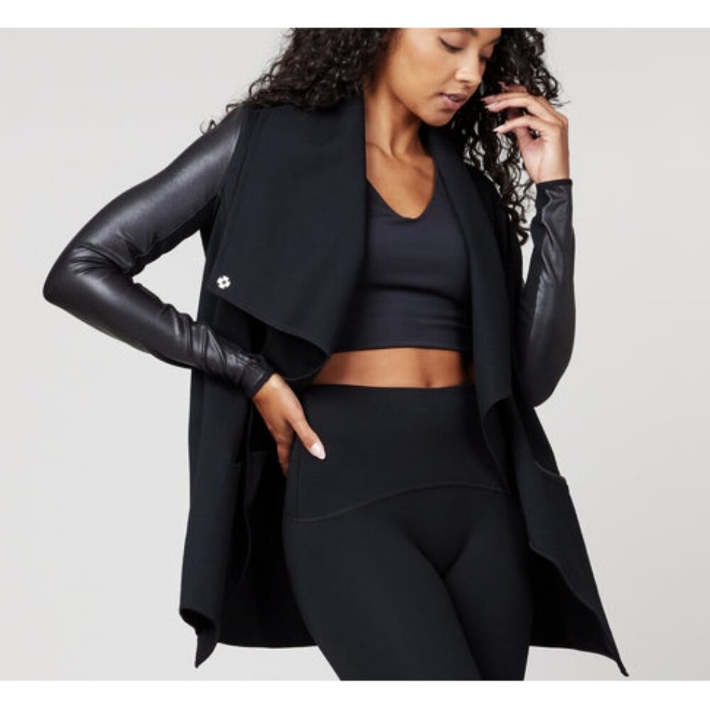 Spanx Faux Leather Drape Front Jacket Very Black Edgy Motorcycle Leather Coat S - Picture 5 of 16